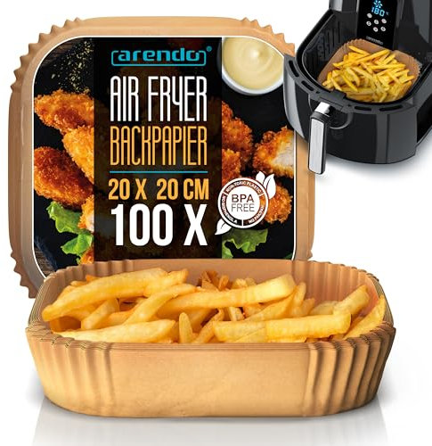 Arendo - Backpapier für Heißluftfritteuse 4,5 bis 7,5 L - 100 Stück – 20 x 20 x 4,5 cm - Antihaft Backpapier - wasser und ölbeständig – geeignet für Airfryer Backöfen Mikrowellen Dampfgarer