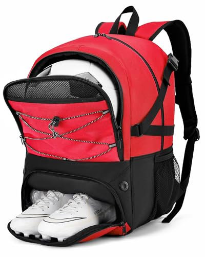 Hsmihair Fußballrucksack mit Ballhalter und Fußballtasche mit Schuhfach, wasserabweisende Sporttasche für Fußball, Basketball, Fußball, Volleyball (rot)