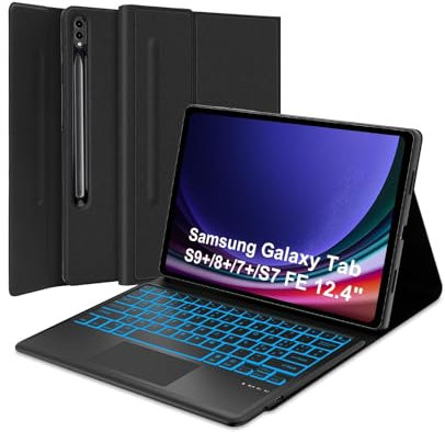 SENGBIRCH Custodia Tastiera per Samsung Galaxy Tab S9Plus /S8+ /S7+ /S7FE 12.4, 7 Colori Retroilluminati Italiano QWERTY Tastiera Bluetooth Magnetica con Trackpad per S9Plus 12.4, Nero