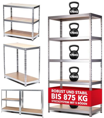 WALTER Schwerlastregal mit 5 Regalböden – 175 kg Tragkraft pro Regalboden, 875 kg Gesamttragkraft, Robuster galvanisierter Stahlrahmen, Schnelle und einfache Montage ohne zusätzliches Werkzeug