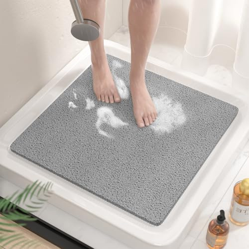 HITSLAM Square Shower Mat Non Slip Anti Mould, 53 x 53cm Soft PVC Loofah Shower Mat for Inside Shower, Bath Mat Anti Slip With Drain, Quick Drying Shower Bath Mat, Grey
