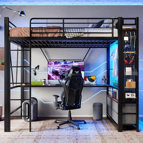 Idemon Hochbett 90×200 cm mit Schreibtisch & USB-C/Steckdose (schwarz, Eisenrahmen) - Inkl. Trockenstab, 4 Schubladen, LED-Beleuchtung, Lochbrett & Sicherheitsgeländer ohne Matratze