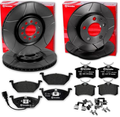 brembo Geschlitzte Bremsscheiben+Beläge vorne+hinten | 09.9167.75 + P85072 + 08.9502.75 + P85020 für Golf 5 6 A3 Octavia