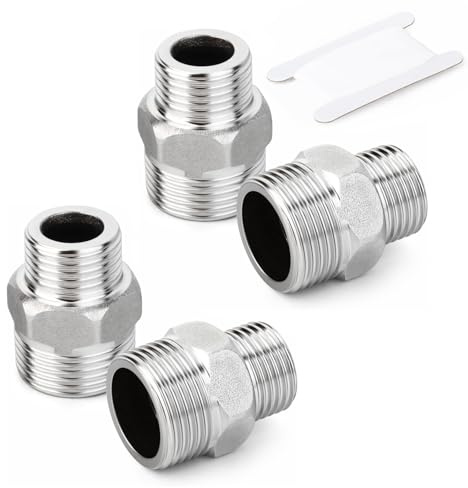 QZKJQDD 4 Pcs 3/4 Male to 1/2 Male BSP Thread Stainless Steel Hex Bushing Reducing Connector, 3/4” to 1/2” Adapter, for Water, Gas, Pipe Connecting Conversion with Sealing Rings with Tape