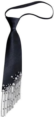 FakeFace Perlenkrawatte Punk Schwarz Krawatte für Damen und Herren, Vorgebunden Verstellbare Schwarze Krawatte mit Perlen und Strass, Kostüm Accessoire für Uniform Schule Party Cosplay Gothik