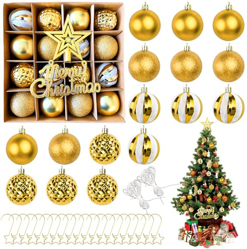 16 Stück Weihnachtskugeln Gold 6 cm Christbaumkugeln, Weihnachtskugeln Kunststoff mit Haken, Baumkugeln Weihnachten Kunststoff Christbaumkugeln für Weihnachtsdekoration Innen und Außen