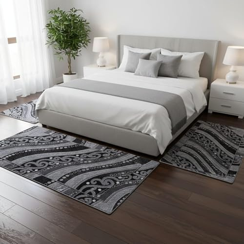 Tris Tappeti Camera da Letto Moderni Effetto Lurex – Set 3 Pezzi (80x150 + 2x60x110) – Motivo Onda Grigio/Nero – Morbidezza Premium – Antiscivolo – Facili da Pulire – Ideali per Fondo Letto e Laterali
