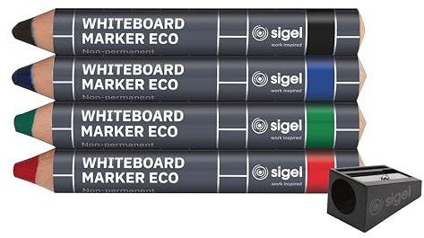 Sigel Board-Marker Holz Kegelspitze 1-5 mm 4 Farben mit Spitzer | BA013, trocken und feucht abwischbar, schwarz/blau/grün/rot, für Whiteboards, große Glas-Magnettafeln, Flipcharts