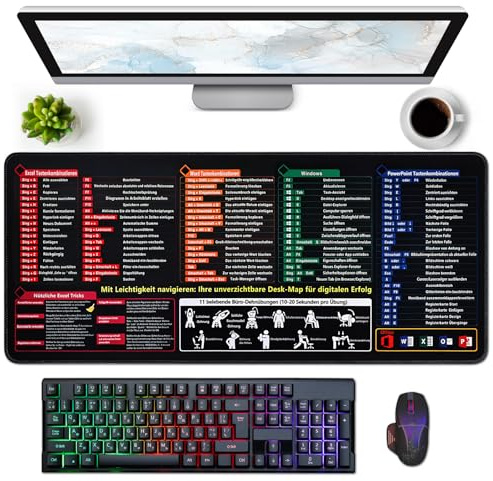Excel Mauspad Großformatige Schreibtischunterlage mit Tastaturkürzeln - 800×300×3mm Excel-Shortcuts Mousepad Deutsch Gaming Mousepad Kurzbefehlen Anti-Rutsch Dest Mat für Büro Word/Outlook/PowerPoint