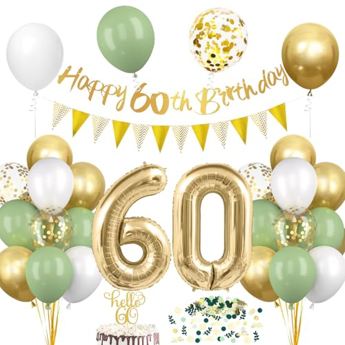 60. Geburtstagsdeko Salbeigrüne, Deko 60 Geburtstags Frau Mann, 60er Geburtstag Luftballon mit Girlande, Geburtstags Tortendeko Grün Gold, 60 Jahre Frau Geburtstag Avocado Grüne Party Ballon