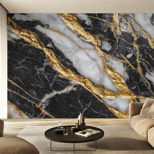 Generisch Tapete Marmor, Fototapete Schwarz Weiß Gold Marmor Tapeten Wohnzimmer Schlafzimmer, Wanddeko Wandtapete, Wallpaper, Vliestapete, Motivtapeten 200 x 140 cm