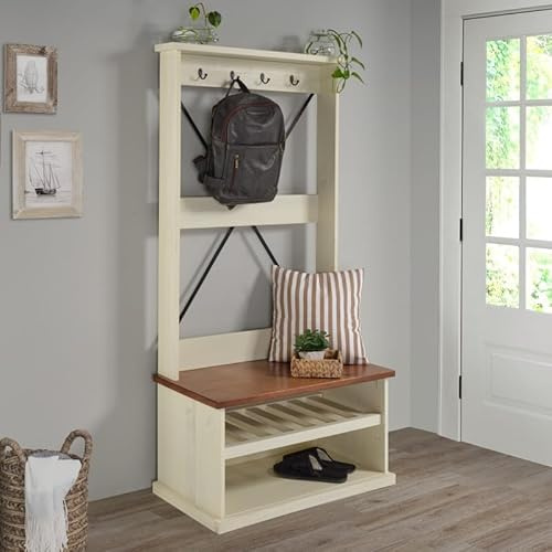 Mercers Furniture Cottage Hall Tree Coat Rack Off White/Cream Hallway Stand Hooks Bench Shoe Storage Shabby Chic Solid Wood Pine Wooden 171cm High 80cm Wide 44cm Deep