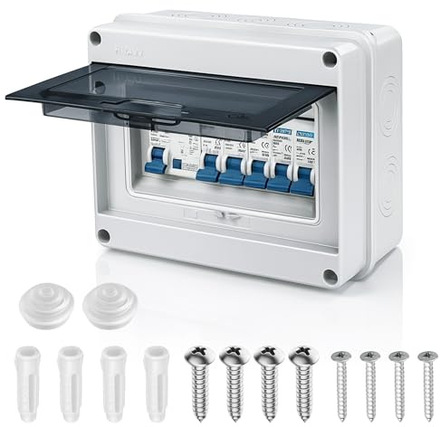 5 Way Consumer Unit Circuit Breaker - IP65 Waterproof with 63A 30mA RCD | ABS Plastic Fuse Box With 5 MCBs 2x6A 10A 20A 32A For Garages Caravans And Workshops