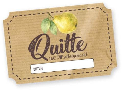 itenga 50x Marmeladenetiketten – rechteckig 6x4cm - Sticker „100% selbstgemacht“ – selbstklebend & vorgestanzt – beschreibbar – für Einmachgläser, Marmelade, Geschenke, DIY (Quitte)