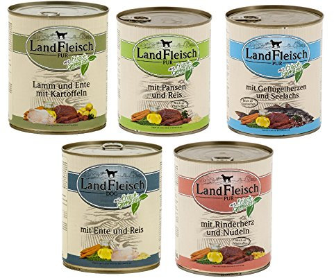 30 x 800g Landfleisch Mixpaket - Lamm u. Ente, Pansen, Geflügelherzen u. Seelachs, Ente u. Reis, Rinderherz u. Nudeln
