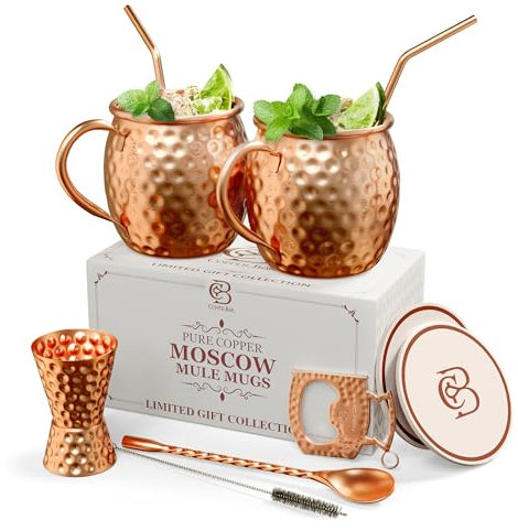 Copper-Bar Moscow Mule Kupferbecher, Set mit 2 gehämmerten Bechern, 100% handgefertigtes, reines massives Kupfer, Geschenk-Set mit Cocktail-Trinkhalmen, Schnapsglas, Untersetzer, Kupferrührer und