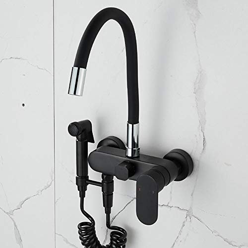 Wasserhahn Küche Wandarmatur Küchenarmatur Wand, mit Spritzpistole Flexibel Auslauf 2-Wege, Spüle Wandmontage Mischbatterie für Küche Spültischarmatur, Kupfer Kalt Und Warmwasser-Schwarzer B