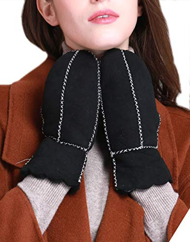 YISEVEN Damen Lammfell Handschuhe Fäustlinge Mite Gefüttert Lederhandschuhe Winterhandschuhe Fellhandschuhe Winter Shearling Fingerhandschuhe Lammfell-Fäustlinge Schaffell Fell Geschenke, Schwarz M