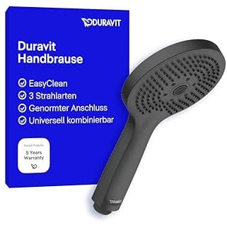 Duravit Universal Duschkopf, Duschbrause mit 3 Strahlarten (Rain, Pulse, Mono), Handbrause rund (Ø 120 mm), Brausekopf mit reinigungsfreundlichen Silikonnoppen, Schwarz Matt