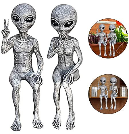 CEWROM Alien Dekoration, 2er Set Außerirdische Statue, UFO Garten Figur Set, Weltraum-Alien-Grau-Friedens Gartenstatue, Mini-Harz Kunstwerkskulpturen für Wohnzimmer Terrasse Balkon Hof Rasen