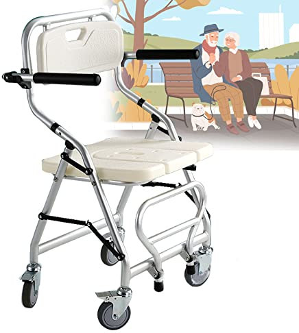 Duschstuhl für Senioren mit Rollen, Aluminiumlegierung Duschhocker Faltbar Duschsitz mit U-Förmiger Hygieneschnitt und Rückenlehne, Badewanne Stuhl für Senioren Schwangere