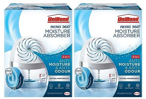 UniBond AERO 360º Moisture Ultra-Absorbent Dehumidifier, Helps Prevent Condensation Mould & Musty Smells Refillable Condensation Absorber, 1 Device incl. 1 Refill Tab 450g in each box, Bulk Buy 2 Pack
