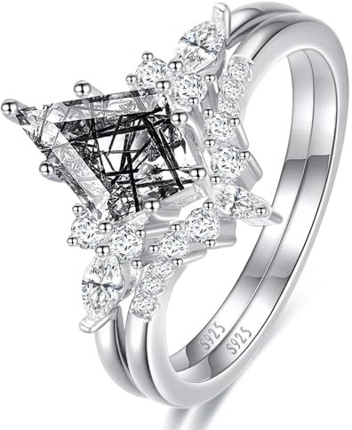 Yaresul Ring Set Sterling Silber 925, Schwarzer Rutilquarz Ring, Rautenförmiger Ring, V-Form Ringe Verlobungsring Damen, Ringe Frauen Größe 52(16.6)