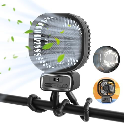 Exsivemy Pram Fan Clip on Stroller Fan, Mini Portable Buggy Pushchair Baby Fan, 3 Speed Rotatable Cooling Fans with Light for Car Seat Crib Treadmill Travel, Detachable and Handheld USB Desk Fan
