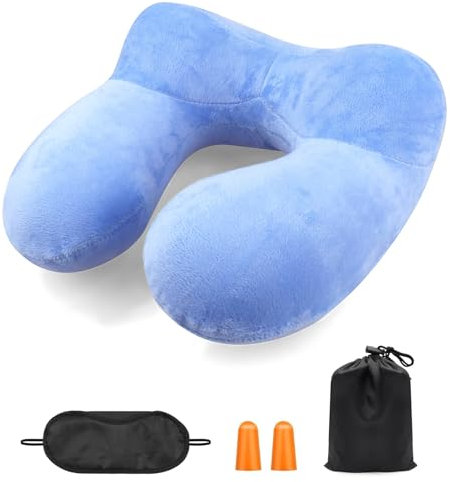 Lunyloer Nackenkissen Aufblasbar, Reise Nackenkissen 31×31×14cm, Reisekissen Flugzeug Aufblasbare kompakte Nackenhörnchen mit Ohrstöpsel für Reise Flugzeug Auto Büro (Hellblau)