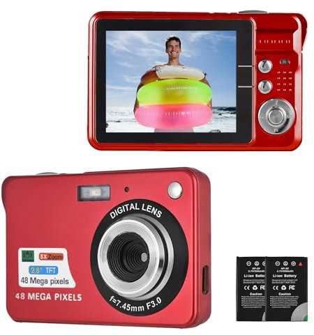 Andoer 48MP Digital Camera, 2.8 Inch Compact Digital Camera, 16X Digital Zoom Anti-shake Face Detect Vlogging Camera Built-in Flash with 2pcs Batteries Gift for Kids Teen Adult Beginner, Red