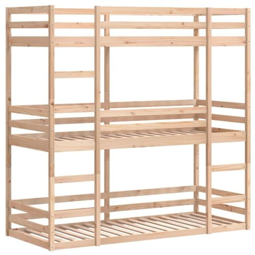 vidaXL Dreifach Etagenbett, Kinderbett ohne Matratze mit Rausfallschutz Leiter, Bettgestell mit Lattenrost, Bett Stockbett Holzbett, 90x200cm Massivholz Kiefer