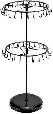 QWORK® 2-Tier Rotating Jewellery Stand, 46 Hooks Jewellery Tree for Necklaces & Bracelets, Rings & Earrings - H 48 x W 20.5 cm - Black