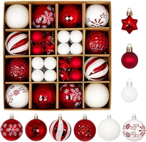 44pcs Red & White Shatterproof Christmas Ball Ornaments - Hanging Baubles for Tree Decorations - Festive Holiday Set