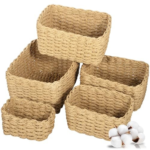 ZHHGOO 5PCS Paniers de Rangement en Tissée en Corde de Papier, Panier de Rangement Empilable,Storage Baskets Salle de Bain, Rangement pour Cuisine,Décoration Organisateur pour Salon Chambre à Coucher