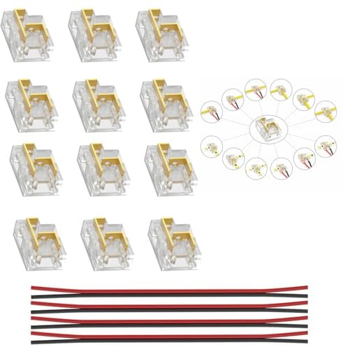 YUTOKEER Lötfreier LED-Streifenverbinder - 2-Polig 8mm COB/SMD, 12 Verbindungsarten, L- und T-Form, Kabel- und Streifenverbindungen, Transparent, Set mit 4x 15cm 22AWG Kabel