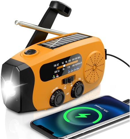 Wind Up Radio, Solar Emergency Radio, Portable Hand Crank Radio, AM/FM Radio with LED Torch, 2000mAh Rechargeable Power Bank, SOS Alarm, USB Phone Charger, Emergency Use for Camping Hiking (Orange)