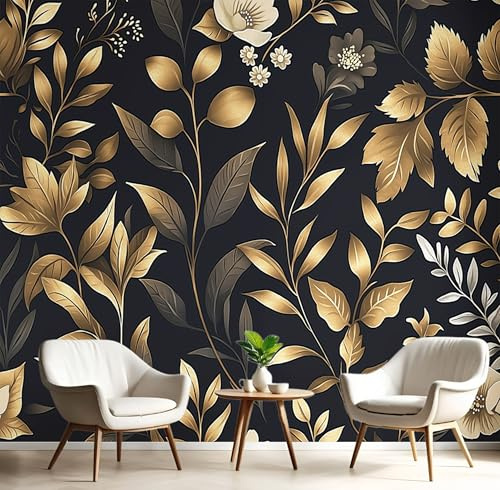 Photo Wallpaper 450 x 315cm (WxH), Gold Leaf Flowers Bedroom Living Room Home 3D Wall Mural, Elegance Plants Silk Cloth Wallpaper, Sofa TV Background Wall Painting, Black Golden Copper, 9 Strips