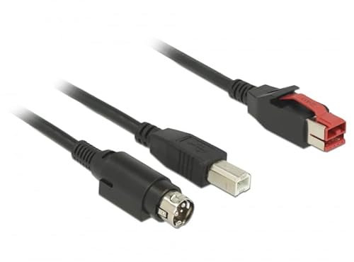 Delock PoweredUSB Kabel Stecker 24 V > USB Typ-B Stecker + Hosiden Mini-DIN 3 Pin Stecker 5 m für POS Drucker und Terminals