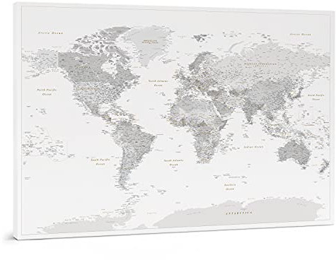 Trip Map - Pinnwand Weltkarte - Eingerahmte Leinwand Weltkarte Pinnwand mit 100 Pins - Zum Anheften gemacht - Zum Aufhängen bereites Wandbild - 3 Größen zur Auswahl - Grau Weiß