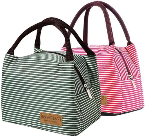 INVODA Lunch Bag Cool Bag for Lunch Box Lunch Organizer Striated Waterproof Fabric Foldable Picnic Handbag for Women, Adults, Students(Green+Red)
