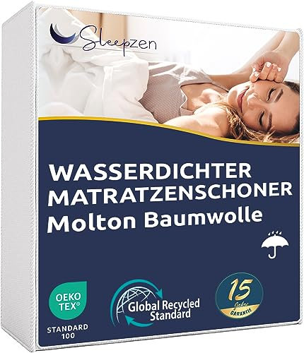 SLEEPZEN Molton Matratzenauflage 200 x 220 cm - Wasserdichter Matratzenschoner - Matrazenschutzbezug - Zertifiziertes Oeko-TEX® - Baumwolloberfläche, Antibakteriell, Schimmelhemmend, Antiallergisch
