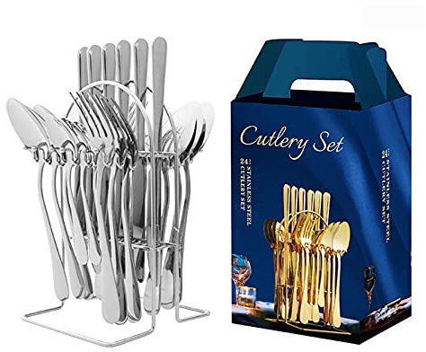 Shineyoo 24 Pieces Service Cutlery Set with Stand for 6 People Stainless Steel Knife Fork Spoon Hanging Flatware Set,Reusable Easy Clean & Dishwasher Safe