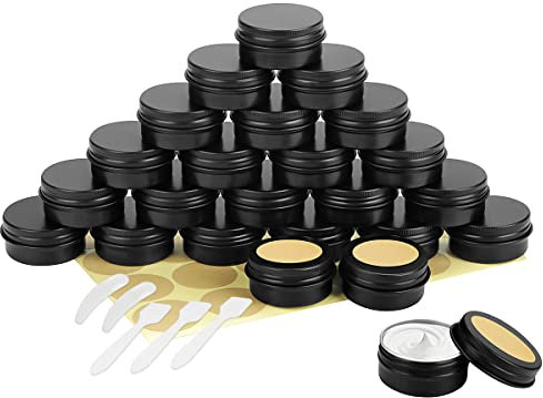 BELICOO 24 Pcs Aluminum Tin Jars, 20ml Cosmetic Container Pots with Screw Lids, Labels and Mini Spatula for Cream, Candle, Sample, Powder, Makeup Storage (Black)