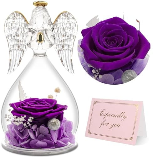 Yamonic Rose Eternelle Cadeau Femme,Ange Figurine en Verre avec Fleur Eternelle Cadeau Maman,Cadeau Anniversaire Femme,Ange Gardien Cadeau Mamie,Ange Décoration Noel,Cadeau Fete des Meres,Vraie Rose