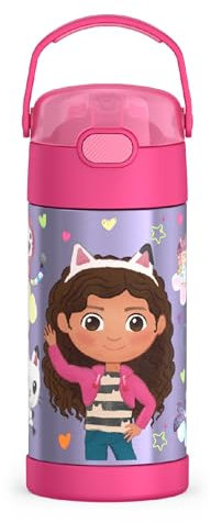 THERMOS FUNTAINER Water Bottle with Straw - 12 Ounce, Gabby’s Dollhouse - Kids Stainless Steel Vacuum Insulated Water Bottle with Lid