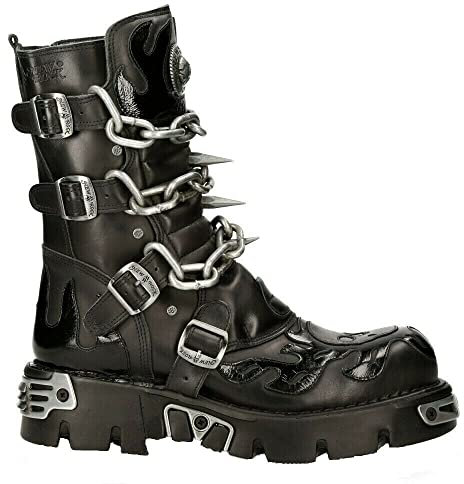 New Rock Stivali a Metà Polpaccio 727-S1 in Pelle Nera Metallizzata con Spilli Stivali Punk Rock Gotici 11
