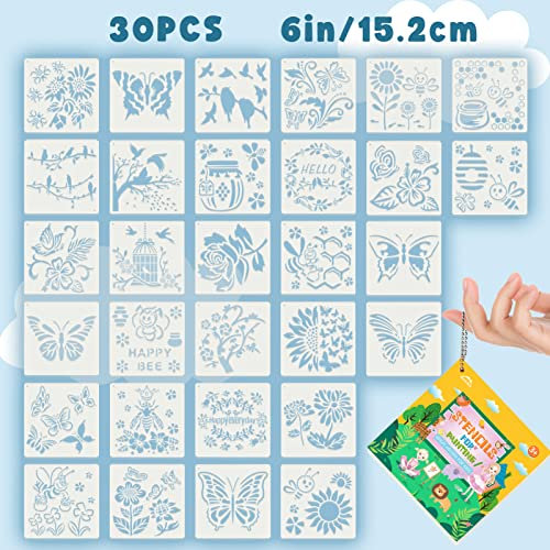 Malerei Schablonen Set 15,2cm, WEEKSUN 30 Stück Wiederverwendbare Kunststoff Schmetterling Blume Gras Schablonen Mit Lanyard Für DIY Handwerk Scrabooking Wanddekoration