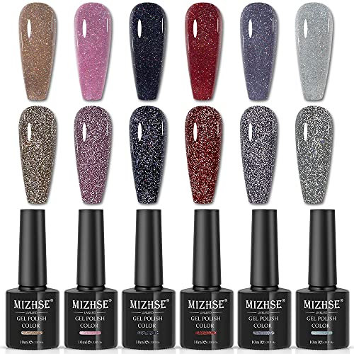 MIZHSE UV Nagellack Glitzer, Reflektierender Gel Nagellack Glitzer Funkelnder Diamant Glänzender Nagel Gel Nagelack Maniküre Set Gold Silber Rot Rosa Schwarz Lila Professionelles Nagelstudio 10ml