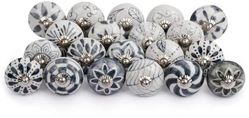 Art Of Creation Grey and White Ceramic Door Knobs Flower Assorted Handmade Design Vintage Look Shabby Chic Interior Cabinet Cupboard Drawers Pulls Handles (Pack of 10)