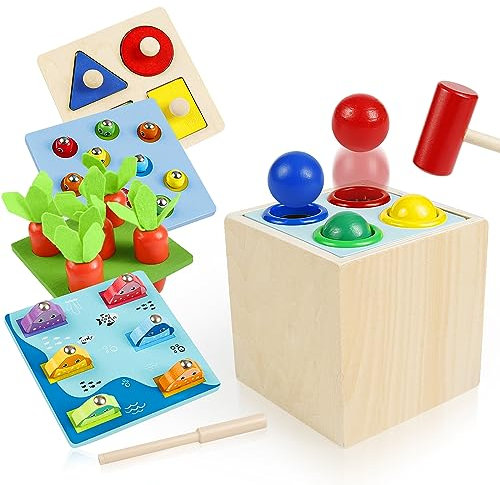 Comius Sharp 5 in 1 Montessori Fischen, Knockout Spiel Box, Ball Drop Worm Toy Catching, Karotte ernten, Lernspielzeug Geschenk für Kinder